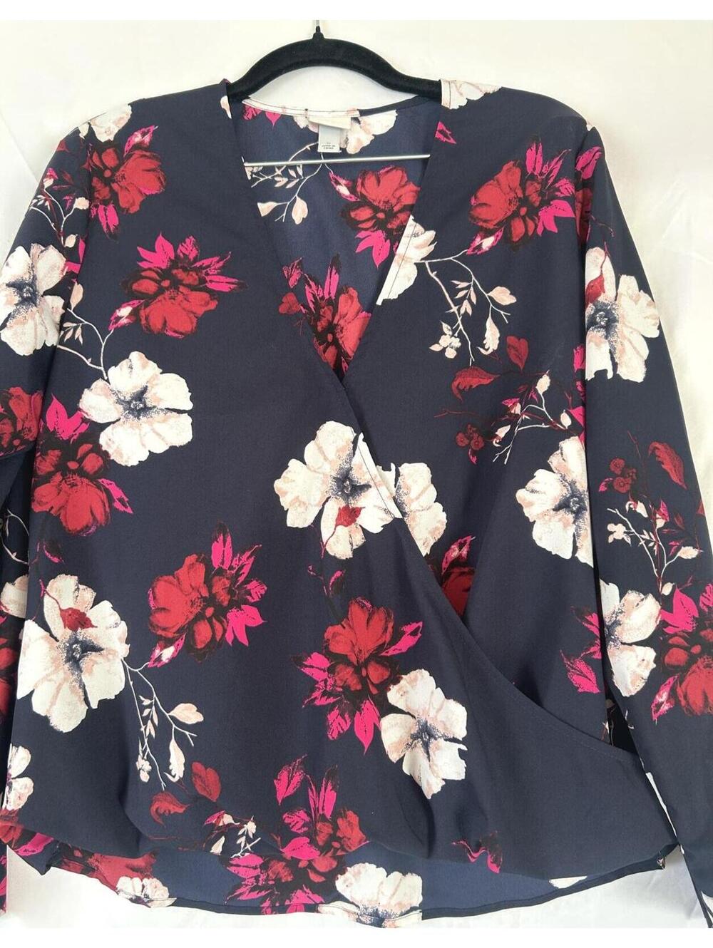 Black Floral Blouse Long Sleeve Womens Lightweight Work Office Top Size M